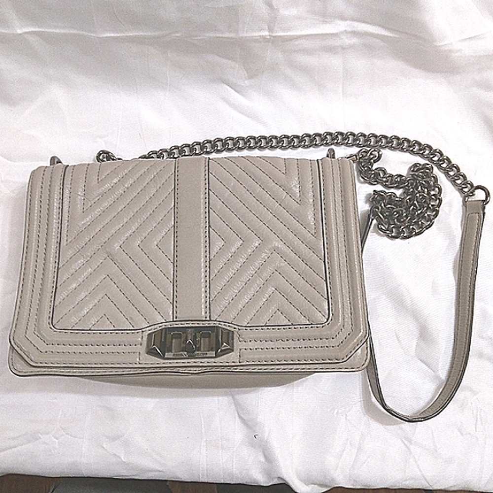 Rebecca Minkoff Chevon Quilted Love Crossbody Putty Silver Color Leather